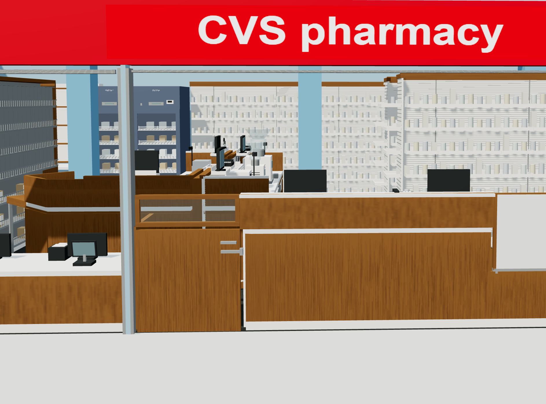 Low-poly CVS pharmacy counter beneath the red CVS pharmacy sign